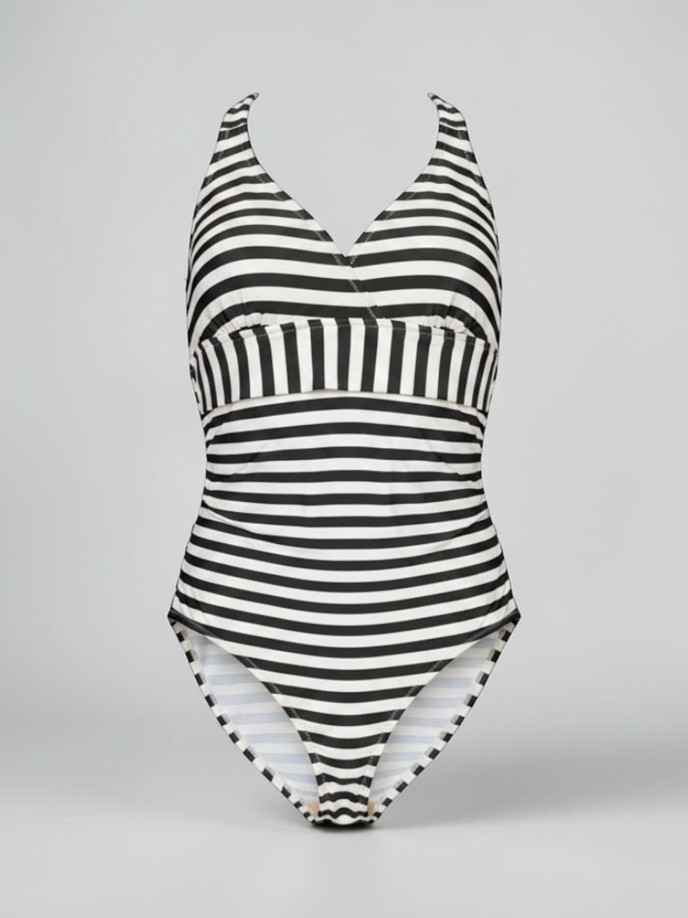 Motherhood Maternity Beach Bump White and Light Gray Striped Swimsuit